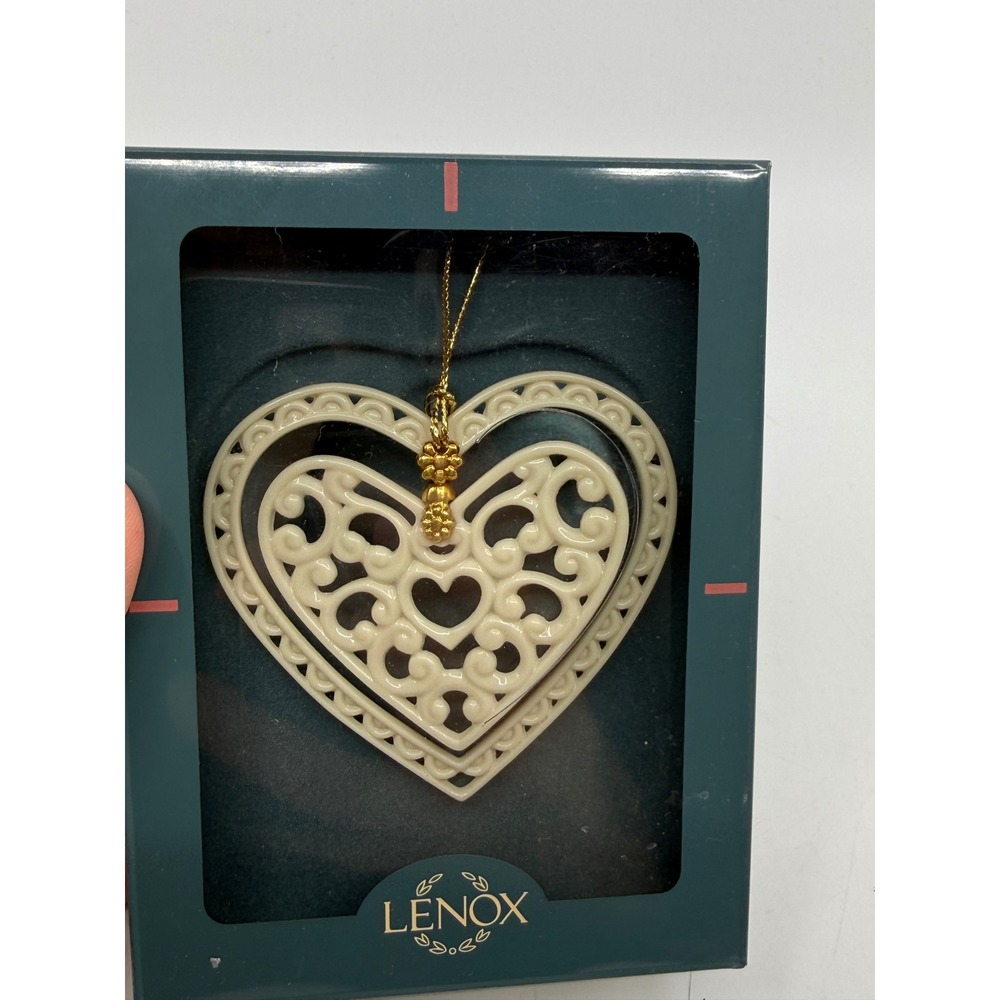 Lenox Heart Within Heart Ornament Ivory Fine China Gold Pierced Filigree 4994
